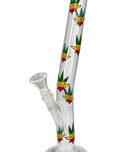 Bong Boss Glasbong gebogen, transparent/Hanfblatt bunt, H.33cm, Ø3cm, Glaschillum 14er Schliff